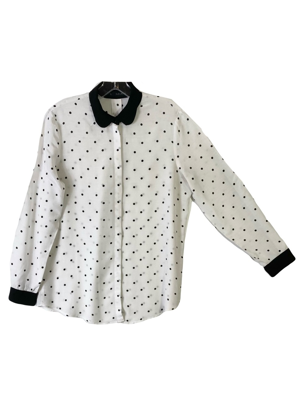 ZARA BASIC Top S White Black-Polkadot Collar&Cuff Button-Up Long-Sleeve